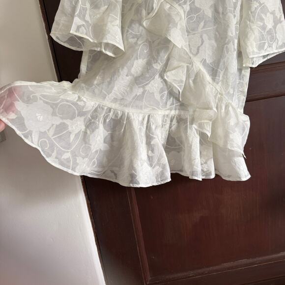 FARROW | White Semi-Sheer Ruffle Detail Floral Boxy Peplum Shirt | Medium - Picture 4 of 6